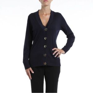 Tory Burch 100% Merino Wool V- Neck Button Down Cardigan- Navy Blue Size Medium